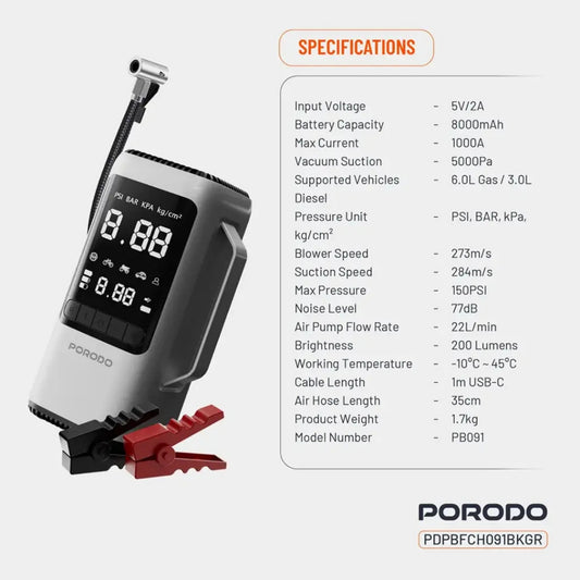 Porodo 6-in-1 Multi-Function Car Jump Starter & Tire Inflator with Vacuum & Power Bank