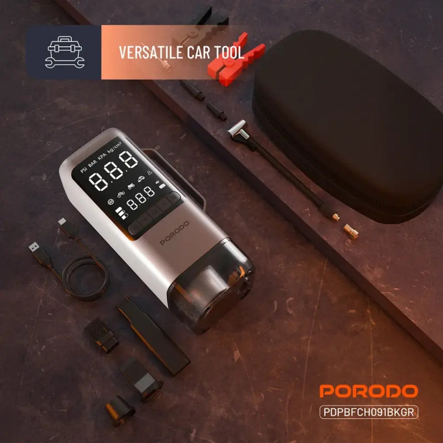 Porodo 6-in-1 Multi-Function Car Jump Starter & Tire Inflator with Vacuum & Power Bank