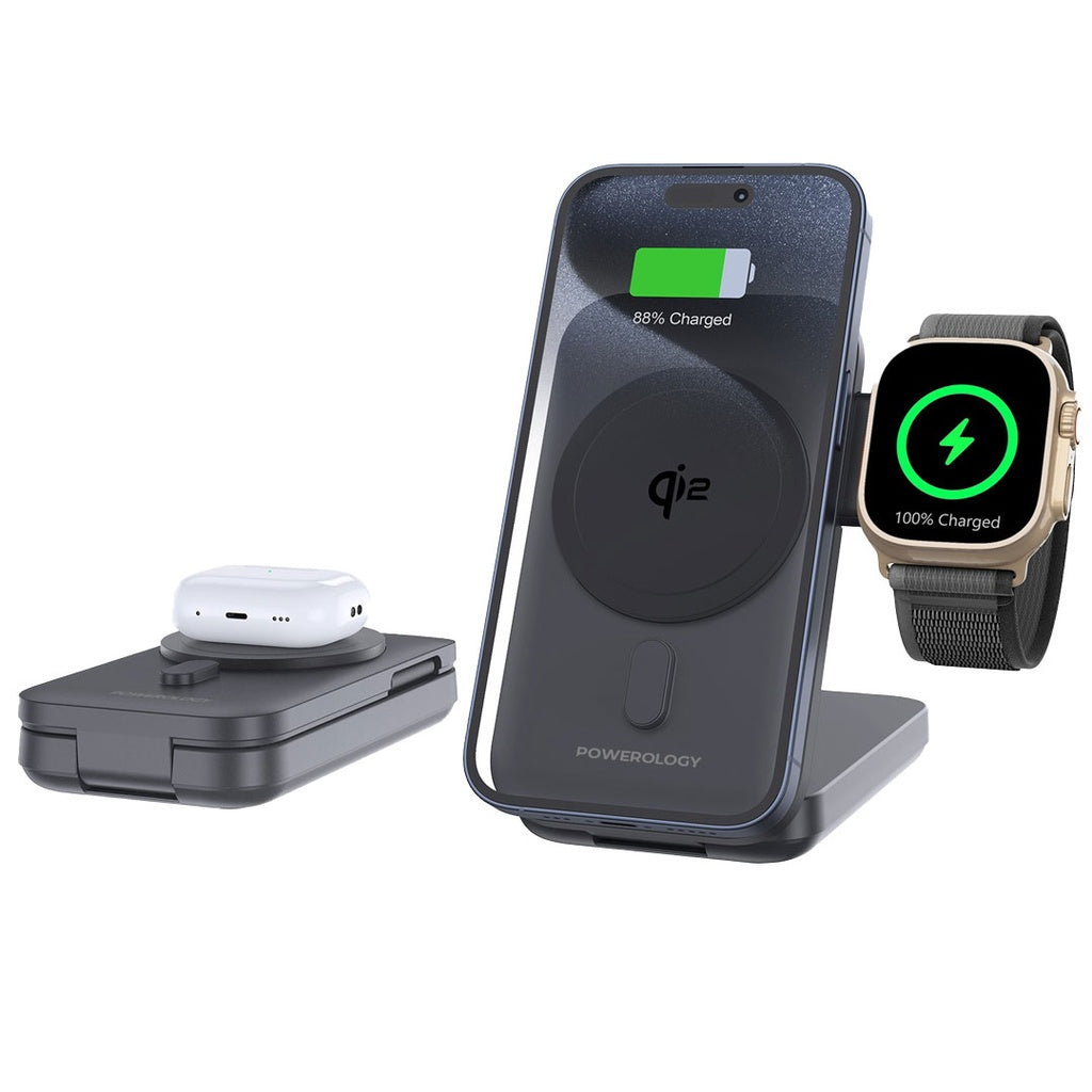 Powerology 10000mAh Qi2 -15W iPhone 15 Magsafe Powerbank Watch Charger - Black