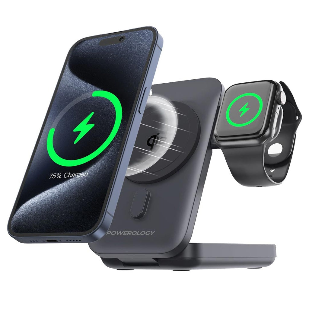 Powerology 10000mAh Qi2 -15W iPhone 15 Magsafe Powerbank Watch Charger - Black