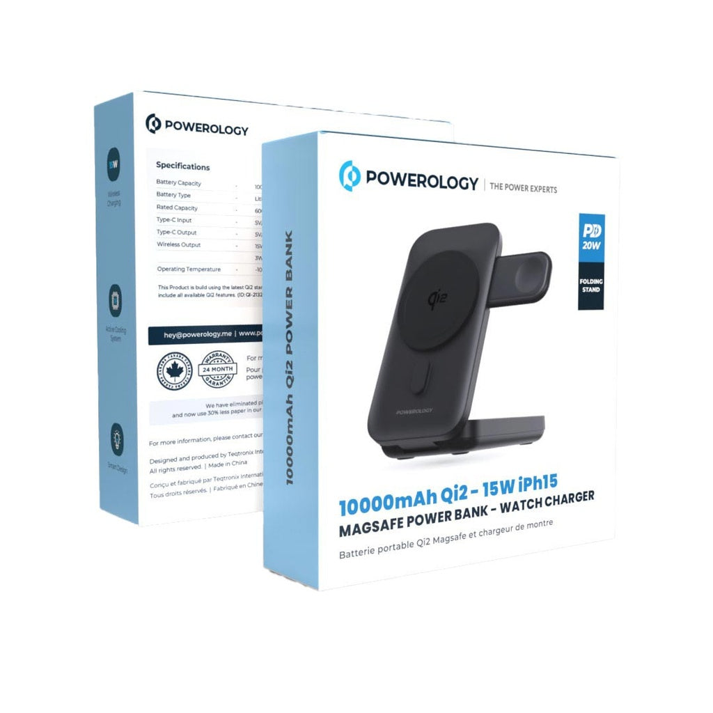Powerology 10000mAh Qi2 -15W iPhone 15 Magsafe Powerbank Watch Charger - Black