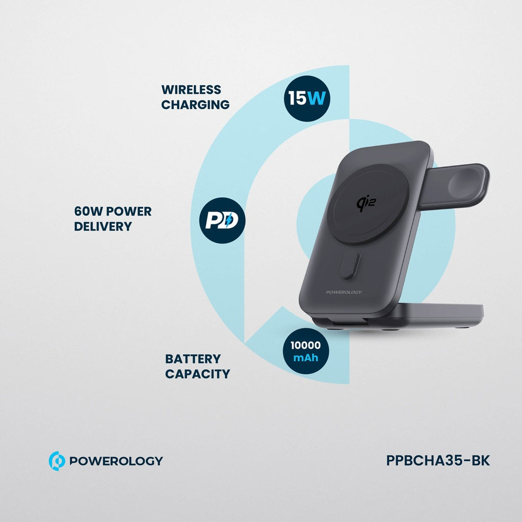 Powerology 10000mAh Qi2 -15W iPhone 15 Magsafe Powerbank Watch Charger - Black