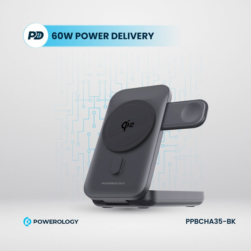 Powerology 10000mAh Qi2 -15W iPhone 15 Magsafe Powerbank Watch Charger - Black