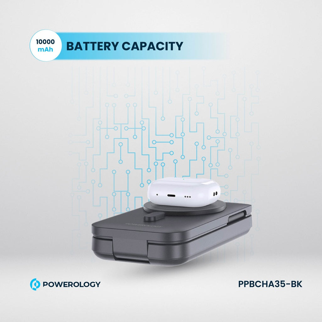 Powerology 10000mAh Qi2 -15W iPhone 15 Magsafe Powerbank Watch Charger - Black