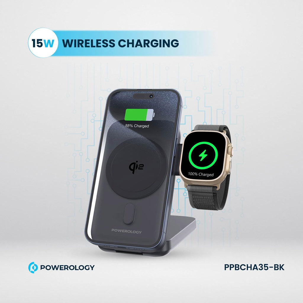 Powerology 10000mAh Qi2 -15W iPhone 15 Magsafe Powerbank Watch Charger - Black